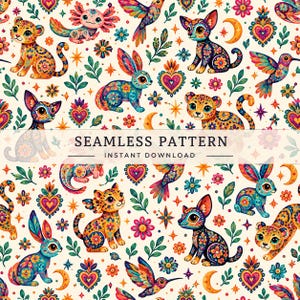 Puede incluir: Un patrón continuo con ilustraciones coloridas de jaguares, conejos, ajolotes y colibríes decorados con motivos florales, corazones y estrellas sobre un fondo crema. El texto SEAMLESS PATTERN INSTANT DOWNLOAD aparece centrado.