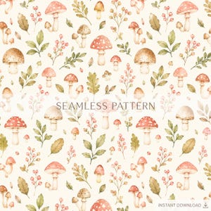 Puede incluir: Un patrón continuo con ilustraciones en acuarela de varios hongos, hojas verdes y pequeñas bayas rojas sobre un fondo crema. El texto SEAMLESS PATTERN e INSTANT DOWNLOAD es visible en la imagen.