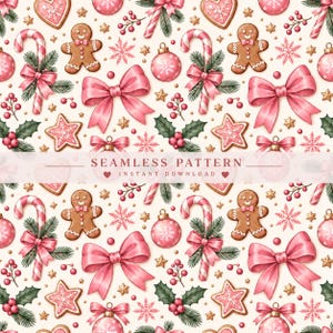 May include: A seamless pattern featuring gingerbread people, pink candy canes with bows, pink Christmas ornaments, pink star-shaped cookies, holly berries, and small gold stars on a light background. The text reads SEAMLESS PATTERN INSTANT DOWNLOAD.