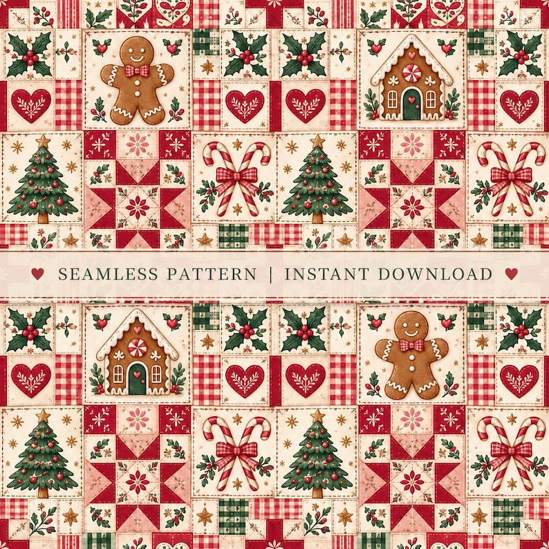 Christmas Seamless Pattern, Gingerbread Quilt Pattern, Vintage ...