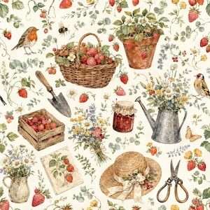 Puede incluir: Un patrón repetitivo sobre fondo crema con ilustraciones en acuarela de fresas, herramientas de jardín, una cesta de mimbre, una maceta de terracota, una regadera de metal, un sombrero de paja, un frasco, pájaros y flores silvestres.