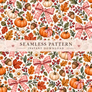 Fall Seamless Pattern, Coquette Pumpkin Bows, Autumn Floral Digital Paper, Acorn Fabric Pattern, Pink Fall PNG JPG