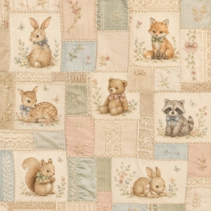 Puede incluir: Una colcha de patchwork con ilustraciones bordadas de un conejo, zorro, ciervo, oso de peluche, mapache y ardilla. Los cuadrados de tela en tonos apagados de beige, azul y rosa están acentuados con encaje, motivos florales y lazos pequeños.