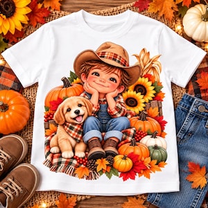 Puede incluir: Una camiseta blanca con un estampado gráfico de un niño con camisa de cuadros, peto vaquero y sombrero de vaquero, sentado junto a un cachorro dorado. La escena incluye calabazas, girasoles, hojas de otoño y una manta de cuadros.