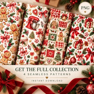 Puede incluir: Cuatro patrones de tela sin costuras con motivos navideños que incluyen hombres de jengibre, batidoras rojas, bastones de caramelo, regalos, árboles, acebo y lazos rojos sobre fondo blanco con el texto GET THE FULL COLLECTION.
