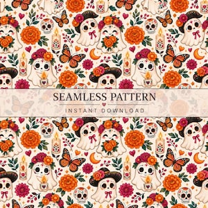 May include: A seamless pattern featuring white ghosts with floral crowns, orange monarch butterflies, marigold flowers, lit candles, and small skulls on a cream background. The text SEAMLESS PATTERN INSTANT DOWNLOAD is centered.