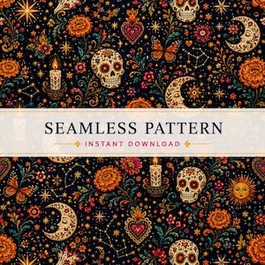 Puede incluir: Un patrón sin costuras con fondo oscuro e ilustraciones coloridas de calaveras, lunas crecientes, soles, velas encendidas, mariposas, corazones y flores. Una franja blanca central muestra el texto SEAMLESS PATTERN INSTANT DOWNLOAD.