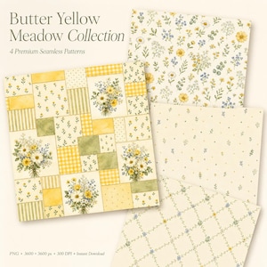 Puede incluir: Butter Yellow Meadow Collection 4 Premium Seamless Patterns. Un conjunto digital que presenta cuatro diseños distintos con motivos florales, cuadrados a cuadros amarillos y verdes, e ilustraciones de flores silvestres sobre fondos crema y blancos.