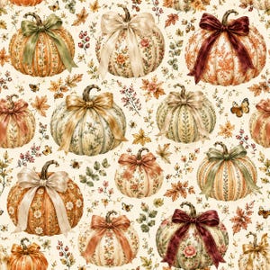 Puede incluir: Un patrón continuo que presenta varias calabazas decoradas con estampados florales y atadas con cintas en tonos verde, crema y burdeos. El fondo está lleno de pequeñas hojas de otoño, bayas, mariposas y abejas.