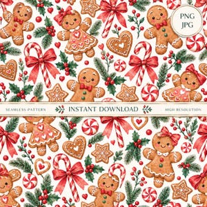 Puede incluir: Un patrón continuo con figuras de jengibre, bastones de caramelo con lazos rojos, galletas en forma de corazón y estrella, y ramas de acebo. El diseño incluye el texto PNG JPG, SEAMLESS PATTERN, INSTANT DOWNLOAD y HIGH RESOLUTION.