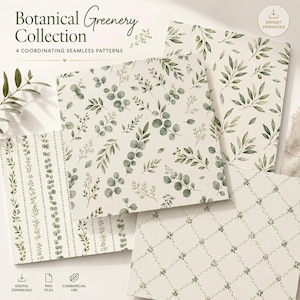 May include: A Botanical Greenery Collection featuring four coordinating seamless patterns with watercolour illustrations of eucalyptus leaves, olive branches, and delicate foliage in shades of green on a cream background, with text reading Botanical Greenery Collection.
