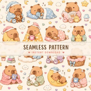Puede incluir: Un patrón continuo con capibaras de dibujos animados en diversas actividades de dormir, incluyendo dormir, leer y sostener peluches. El diseño incluye estrellas, nubes y corazones sobre un fondo crema con el texto SEAMLESS PATTERN.