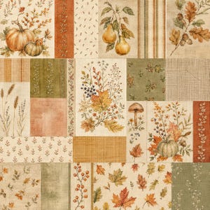 Puede incluir: Un diseño de tela de patchwork con ilustraciones de temática otoñal que incluyen calabazas, peras, setas, tallos de trigo y varias hojas de otoño en tonos naranja, verde, marrón y crema. El patrón está dispuesto en bloques rectangulares.