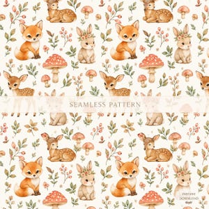 Puede incluir: Un patrón continuo con ilustraciones en acuarela de cervatillos, zorros y conejos, intercalados con setas de sombrero rojo y ramitas verdes sobre un fondo crema. El texto SEAMLESS PATTERN e INSTANT DOWNLOAD es visible.