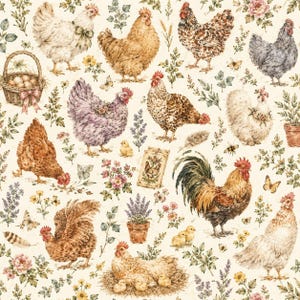 Puede incluir: Un patrón repetitivo sobre fondo crema que presenta varios pollos, gallos y pollitos intercalados con elementos florales, mariposas, una cesta de mimbre llena de huevos, lavanda en macetas y un pequeño letrero rectangular con una ilustración de pollo.