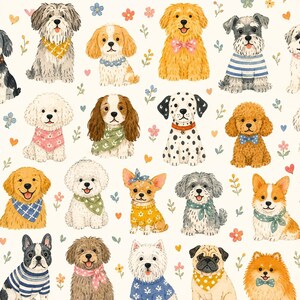 Puede incluir: Un patrón repetitivo sobre un fondo crema que presenta varias razas de perros ilustradas, incluyendo caniches, dálmatas y corgis. Los perros llevan accesorios coloridos como pañuelos, suéteres y pajaritas, intercalados con pequeños motivos florales y de corazones.