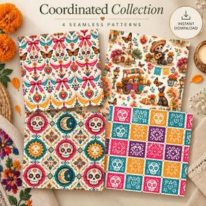 Puede incluir: Una colección digital de cuatro patrones sin costuras con temas del Día de los Muertos, incluyendo calaveras de azúcar, cempasúchil, mariposas y escenas festivas. El texto "Coordinated Collection 4 SEAMLESS PATTERNS" es visible.