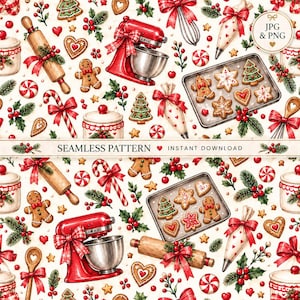 May include: A seamless pattern featuring red stand mixers, wooden rolling pins with red bows, gingerbread cookies, candy canes, piping bags, and baking sheets with decorated cookies, holly berries, and pine sprigs on a cream background.