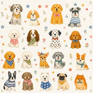Puede incluir: Un patrón repetitivo que muestra varias razas de perros en estilo acuarela. Los perros aparecen sentados y llevan accesorios como pañuelos, jerséis y lazos, intercalados con pequeñas flores y corazones de colores.