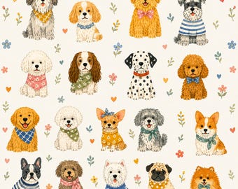 Cute Dog Seamless Pattern, Watercolor Puppy Digital Paper, Cottagecore Dogs, JPG PNG, 12x12, 300 DPI, Pet Fabric Design