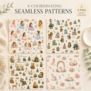 Puede incluir: Cuatro patrones digitales sin costuras con ilustraciones de cuentos de hadas. Los diseños incluyen princesas, castillos, caballeros, dragones, ositos de peluche, equipo de acampada y cisnes. El texto dice 4 COORDINATING SEAMLESS PATTERNS y 4 PNG INSTANT DOWNLOAD.
