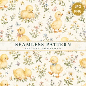 Könnte beinhalten: Ein nahtloses Muster mit Aquarellillustrationen von gelben Entenküken, kleinen weißen und blauen Blumen sowie Schmetterlingen auf cremefarbenem Grund. Der Text SEAMLESS PATTERN INSTANT DOWNLOAD ist horizontal mittig platziert.