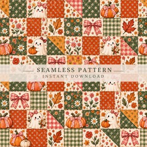 Cute Ghost Patchwork Seamless Pattern, Fall Pumpkin Digital Paper, Pink Gingham Bow, Coquette Halloween Fabric Print, Autumn PNG JPG