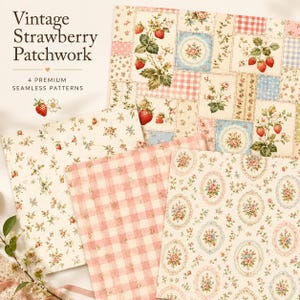 Puede incluir: Una colección de cuatro patrones digitales sin costuras con motivos de fresas vintage y flores. Los diseños incluyen cuadrados de patchwork con fresas, cuadros vichy rosas y marcos florales ovalados sobre fondos crema con texto.