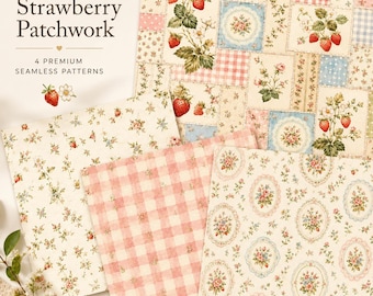 Vintage Strawberry Patchwork Seamless Pattern | Cottagecore Watercolor Digital Paper | Floral Fabric Print