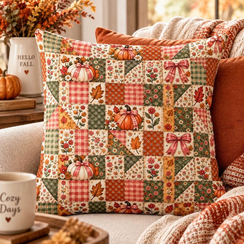 Jesienny bezszwowy wzór, wzór patchworku dyniowego, kokardka w kwiaty, cyfrowy papier w kratkę gingham na jesień, wzór tkaniny w formacie PNG JPG zdjęcie 2