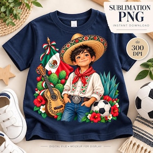May include: A navy blue t-shirt featuring a graphic of a child wearing a sombrero, a red neckerchief, and a white embroidered shirt with blue jeans. The design includes a Mexican flag, a guitar, green cacti, red hibiscus flowers, and a soccer ball.