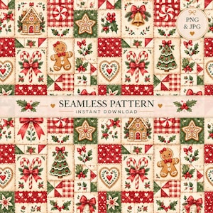 Christmas Quilt Seamless Pattern, Gingerbread Patchwork, Vintage Christmas Digital Paper, Holiday Fabric Pattern, PNG JPG