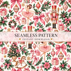 Puede incluir: Un patrón continuo con ilustraciones en acuarela de cascanueces, bailarinas, árboles de Navidad, regalos, bastones de caramelo, adornos, lazos y acebo sobre fondo blanco. El texto dice SEAMLESS PATTERN INSTANT DOWNLOAD.