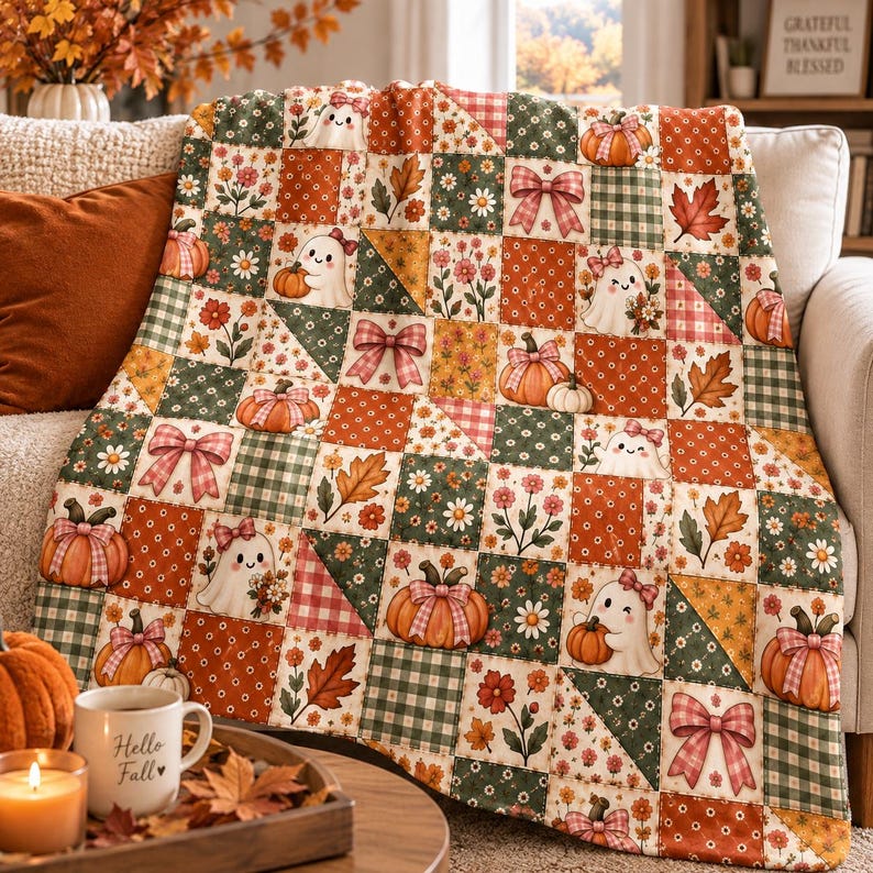 May include: A patchwork quilt featuring a repeating pattern of ghosts, pumpkins, autumn leaves, flowers, and plaid bows in shades of orange, green, and white. The fabric squares are arranged in a grid, showcasing various seasonal motifs.