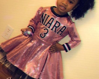 Girls Sequin Custom Jersey Dress: Birthday Skater Dress with Hair Bow
