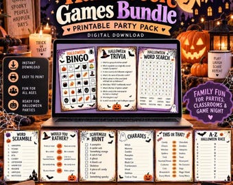 Druckbare Halloween-Partyspiele | 60-seitiges PDF-Paket | Bingo, Quiz, Scharade, Wortsuche, Labyrinthe + Lösungsblätter | Sofort-Download