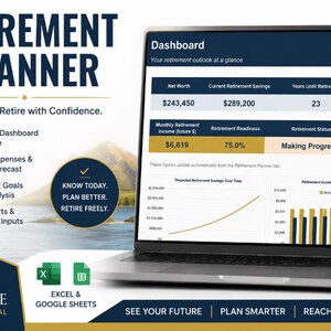 Könnte beinhalten: Ein Laptop zeigt ein Dashboard zur Ruhestandsplanung mit Finanzdaten, Diagrammen und Tabellen. Der Bildschirm zeigt Nettovermögen, Ersparnisse und Einkommensprognosen. Der Text umfasst RETIREMENT PLANNER, Plan Today. Retire with Confidence und THE EAGLE TAKTICAL FINANCIAL.