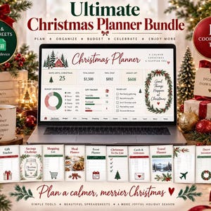 May include: A digital Christmas planner bundle displayed on a laptop screen, featuring Excel and Google Sheets compatibility, 14 coordinated tabs, budget tracking, gift lists, and to-do lists, presented with festive holiday-themed graphics.