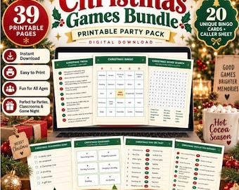 Weihnachtsspiele-Paket zum Ausdrucken | 20 Partyspiele + 20 Bingokarten | Familien-Weihnachtsfeier-Paket (PDF) | Für Kinder und Erwachsene | Download