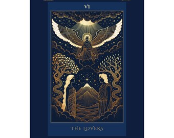 The Lovers Tarot Art Print | Celestial Gold Line Art, Navy Background