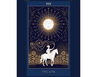 The Sun Tarot Art Print | Celestial Gold Line Art on Navy, Deep Sky Deck