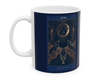 The Moon Tarot Mug | Celestial Gold Line Art, Navy Ceramic Cup