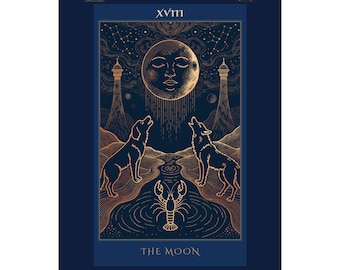 The Moon Tarot Print | Celestial Gold Line Art, Navy Deep Sky Tarot