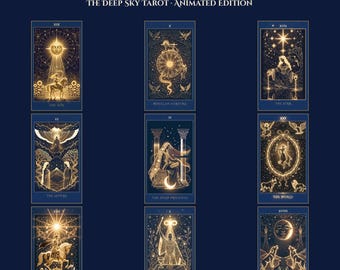 Deep Sky Tarot Animated Deck | Celestial Gold on Navy Moving Cards (Digital)