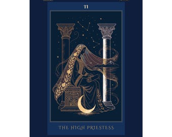 High Priestess Tarot Print | Deep Sky Gold Line Art (Navy)
