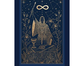 Magician Tarot Art Print | Deep Sky Celestial Gold Line Art (Navy)