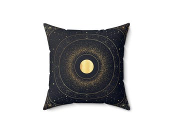 Celestial Throw Pillow | Deep Sky Tarot Card Back | Gold Star Mandala on Navy