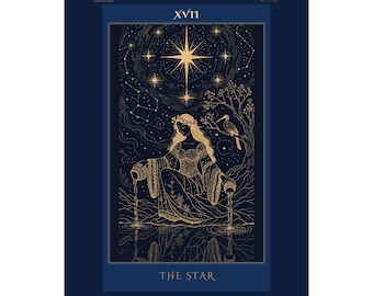 The Star Tarot Art Print | Celestial Gold Line Art on Navy