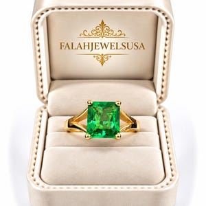 Anillo de tsavorita verde creada en laboratorio, anillo de gema talla radiante en oro de 10 quilates, solitario verde de 10 x 8 mm, joyería elegante para el día a día.