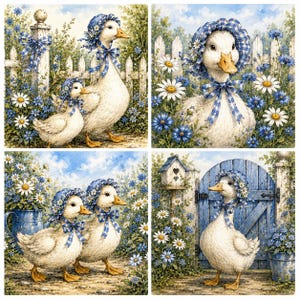 Blue Gingham Duck Ceramic Coasters – Set of 4 Farmhouse Cottagecore Kitchen Decor